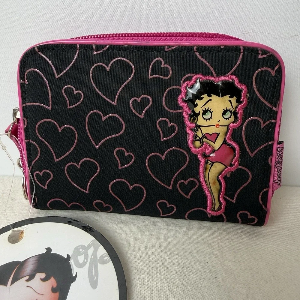 VTG Betty Boop Zip Around Wallet Clutch‎ Coin Purse Pink Black Hearts NWT 2005